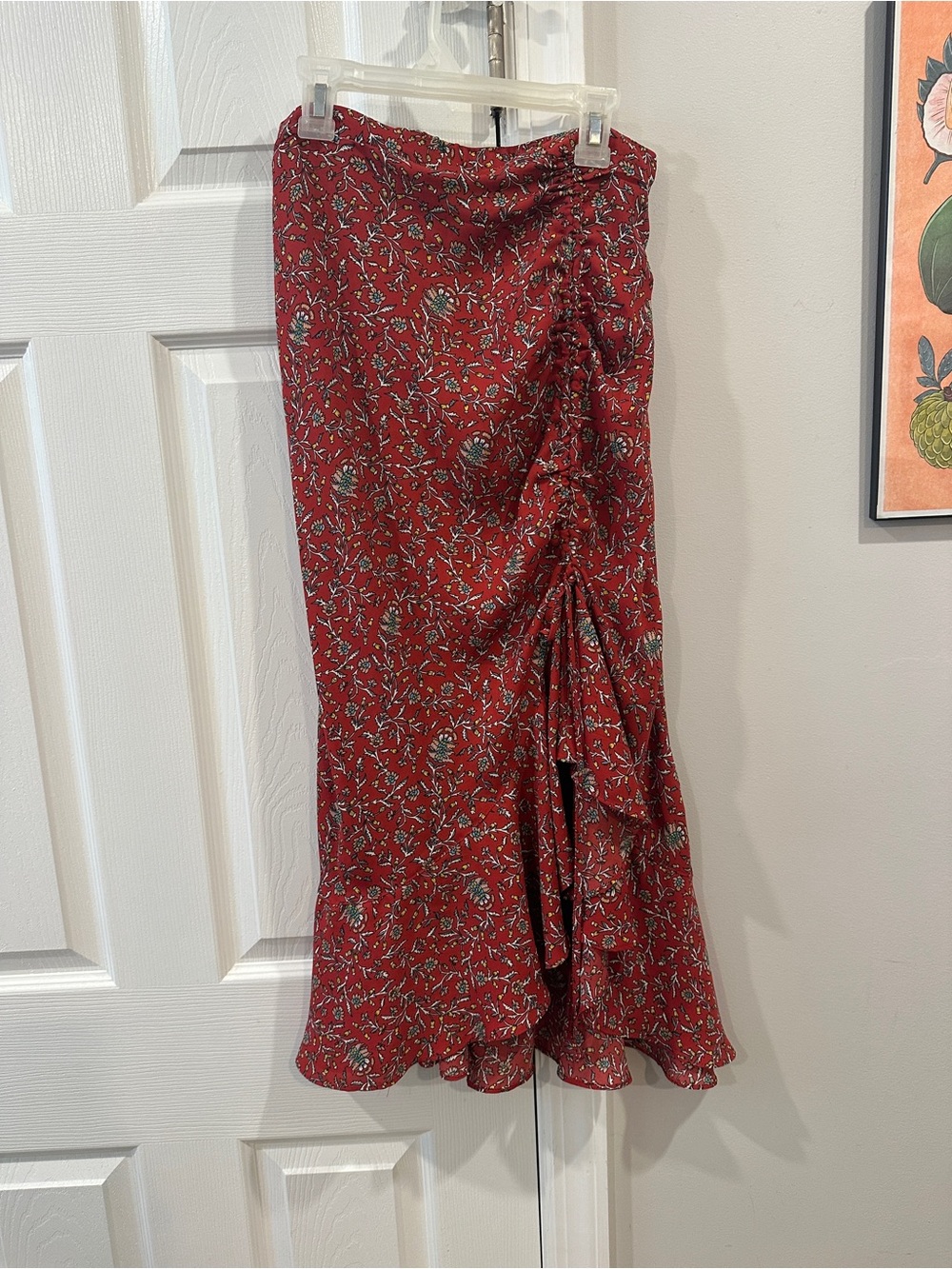 Red Floral Ruffle Midi Skirt